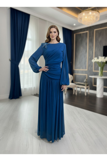 Opera Fashion Turquoise jersey sequin evening dress with derby design