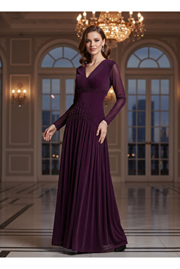 Opera Fashion Burgundy tulle evening dress with long sleeves