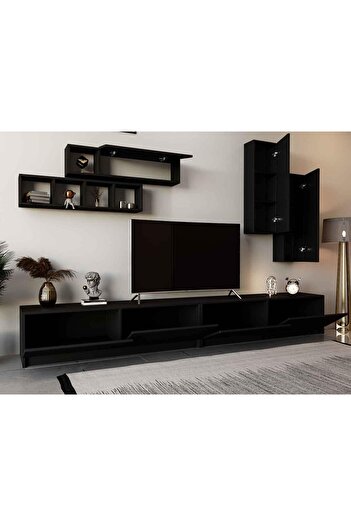Stylish Home طاولة و دولاب تلفزيون كبير أسود 5 قطع شاملة الارفف الجدارية- Ege2