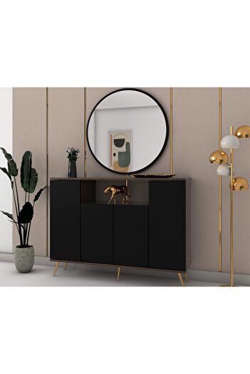 Stylish Home خزانة و طاولة مدخل اسود وبني مع مرآة - MD03