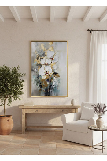 Linacci Single Gold Metal Frame White Flower Real Glass Painting Set