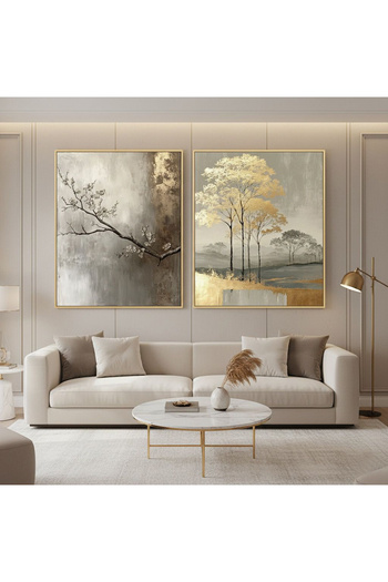 Linacci Set of 2 Gold Metal Frame Gray Tree Glass Paintings