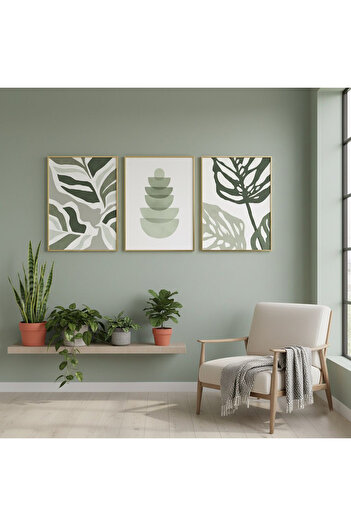 Linacci Triple Gold Metal Frame Green Soft Poster Glass Painting Set
