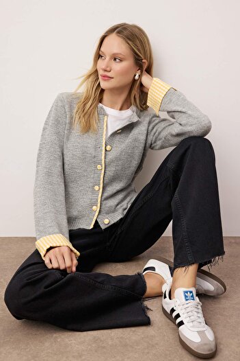 Trendyol Collection Gray Soft Textured Shirt Garnished Knitwear Cardigan Twoaw26Hi00169