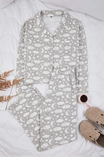 Trendyol Collection Gray Floral Regenerated Single Jersey Knitted Pajama Set Thmaw25Pt00227