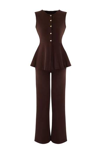 Trendyol Collection Καφέ Σελανίκι με κουμπιά που ανοίγουν στη μέση, φαρδύ πόδι/πλεκτό κάτω μέρος τύπου Palazzo - Σετ TWOAW26AU00092