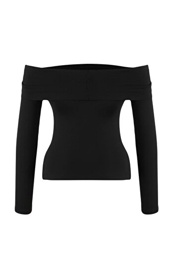 Trendyol Collection Black Accessory Detail Carmen Neckline Fitted/Bodycon Knitted Blouse Twoaw26Bz00285