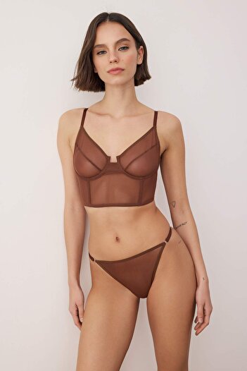 Trendyol Collection Σετ εσωρούχων από καφέ τούλι χωρίς καπάκια THMAW26CC00014