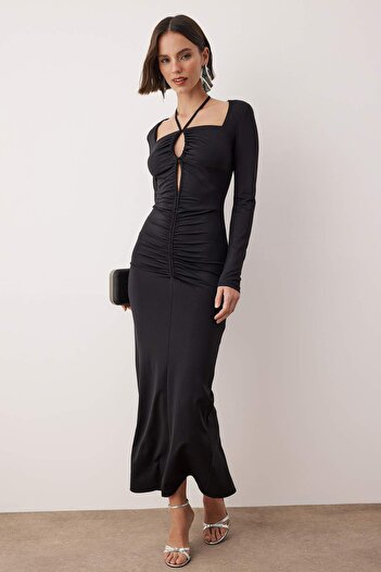 Trendyol Collection Black Bodycon Knitted Maxi Evening Dress with Tie Detail Evening Graduation Dress Tpraw26El00103