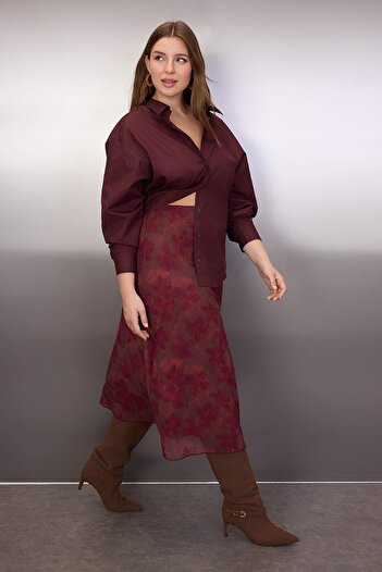 Trendyol Curve Burgundy A-Line Floral Pattern Tulle Knitted Plus Size Skirt Tbbaw25Az00006