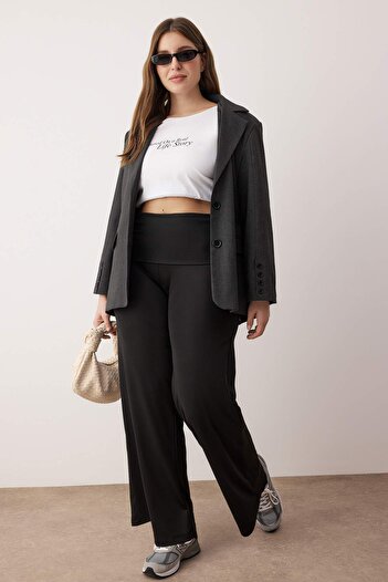 Trendyol Curve Black Scuba/Submersible Wide Leg Waist Foldable Knitted Sports Plus Size Sweatpants Tbbaw26Aj00003