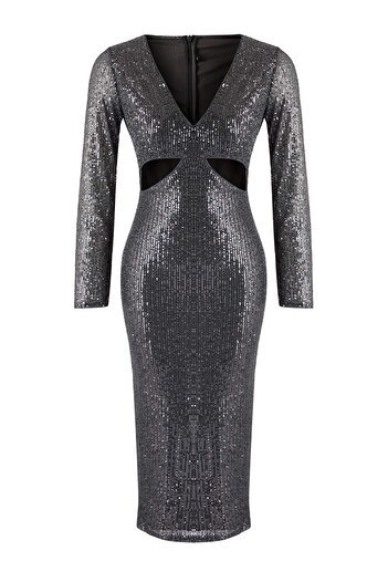 Trendyol Collection Ανθρακί, εφαρμοστό στο σώμα, με λεπτομέρεια με παγιέτες, μίντι κομψό βραδινό φόρεμα για την αποφοίτηση TPRAW26EL00057
