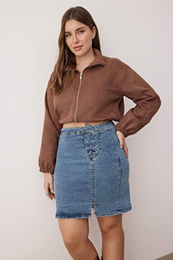 Trendyol Curve Blue High Waist Lace Detail Slit Denim Plus Size Skirt Tbbaw26Az00033