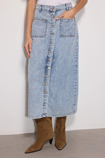 Trendyol Collection Ψηλόμεση διπλή τσέπη ανοιχτό μπλε Maxi τζιν φούστα - TCTSS23EE00002