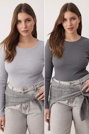Trendyol Curve Anthracite-Grey 2-Pack Crop Camisole Knitted Plus Size Blouse Tbbaw26Af00055