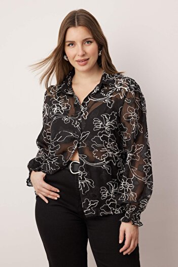 Trendyol Curve Plus Size Black-white Floral Print Gimped Sleeve Transparent Shirt Tbbaw25ax00012