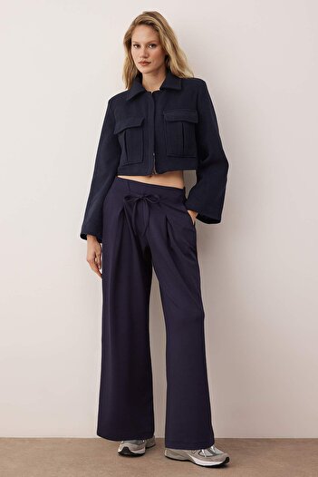 Trendyol Collection Navy Blue Wide Leg Soft Fabric Pleated Stretchy Knitted Trousers Twoaw26Pl00138