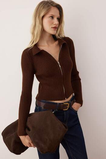 Trendyol Collection Wardrobe Essentials Brown Soft Textured Zippered Knitwear Cardigan |   Twoaw26Hi00177