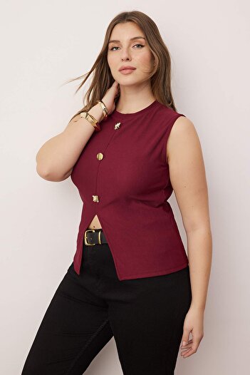 Trendyol Curve Burgundy Accessory Button Crew Neck Regular Size Vest Knitted Blouse Tbbss25Af00121