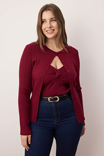 Trendyol Curve Burgundy 2-Piece Ribbed Premium/Special Yarn Soft Textured Thin Knitwear Cardigan-Blouse Set Tbbaw26Av00033