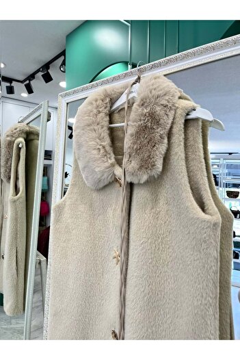 MERAM BUTİK Vatkatex Fur Angora Vest - Beige - 1