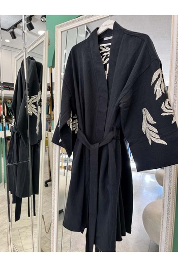 MERAM BUTİK Dna Embroidered Kimono Cotton Gabardine - Black - (Size 40-46 Compatible)