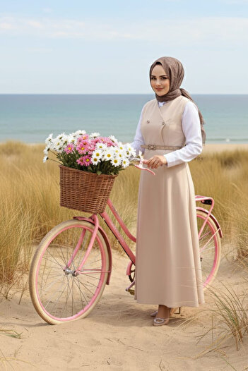 N.S NEVA STYLE Μπεζ Φόρεμα Hijab Gilet 62081BEJ