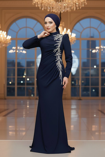 Neva Style Βραδινό φόρεμα Hijab με χάντρες Navy Blue 4964l