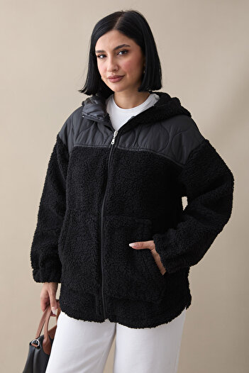 InStyle Quilted Detail Black Plush Cardigan