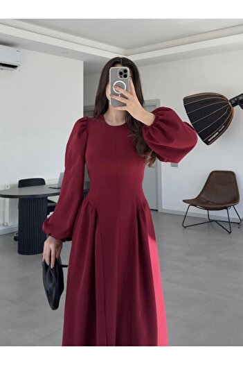 Afiş Butik Bordo Yanları Piliseli Uzun Kollu Elbise