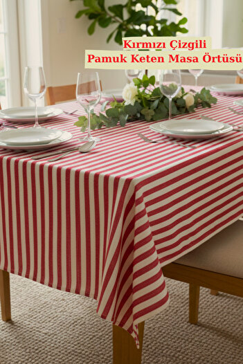 KAMİZ Red Striped Cotton Linen Tablecloth Stylish Modern Tableware Dowry