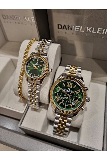Daniel Klein Sarı Çelik Bilezik  Yeşil kadran Sevgili Kol Saati 2 li
