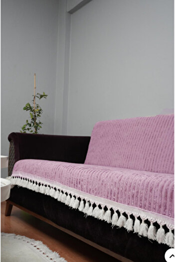 DECORA CASA HOME COLLECTİON Saçaklı Çizgili Süngerli Kadife Kaymaz Çekyat Koltuk Örtüsü