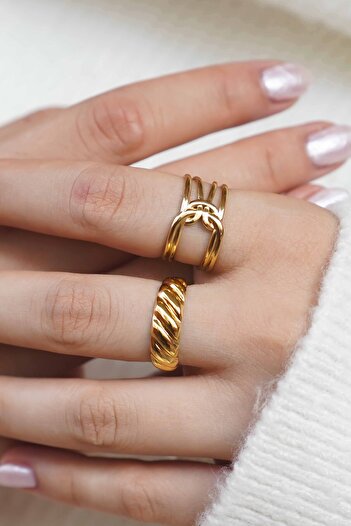 TREND COLLECTİON Kadın Altın Renk Çelik Yüzük Set (2'li)