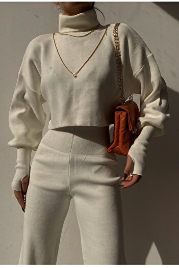 lovebox Hand-stitched Ecru Knitwear Crop Top and High Waist Ecru Knitwear Trousers Double Set 015