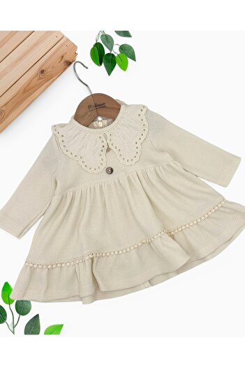 VEGAMOD KIZ BEBEK BRODE YAKALI WAFFLE KUMAŞ 6-9-12-18-24 AY ELBİSE