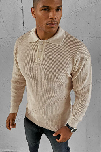 Millionaire Men's Stone Polo Collar Buttoned Collar Winter Knitwear Sweater