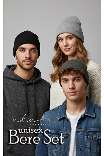 Eke Tekstil Unisex Katlamalı Antrasit,gri,açık Gri 3'lü Bere Seti