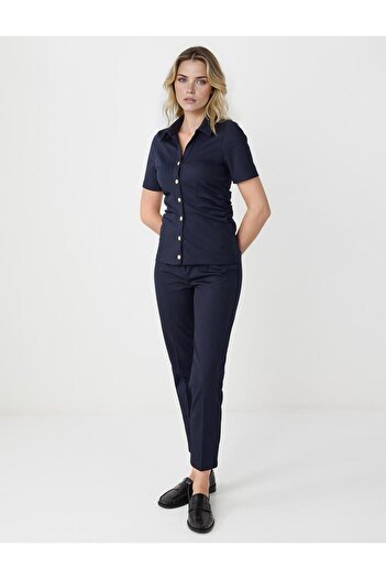 Jimmy Key Navy Blue High Waist Regular Leg Canvas Woven Trousers
