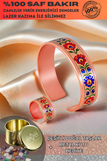OSMANLI GÜMÜŞ Women's Copper Bracelet Ring Set - Bird Model Special Edition Metal Box and Quartz Stone