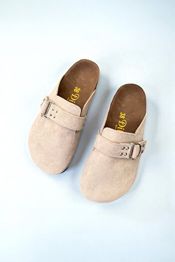 Dilesa Beige Premium Suede Slippers with Staple Detail