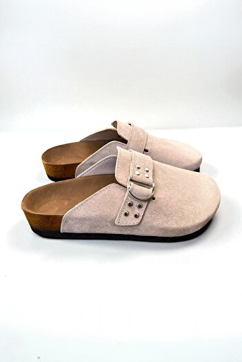 Dilesa Beige Premium Suede Slippers with Staple Detail