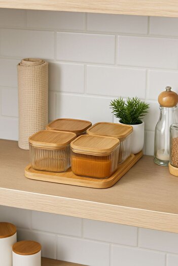 isra kristal Glass Breakfast Set of 4 with Bamboo Lid – Stylish Presentation and Snack Bowl - Borosilicate Glass Breakfast Set
