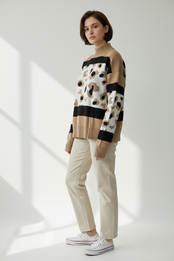NEWCO Half-High Neck Patterned Knit Sweater with a Comfortable Fit.
