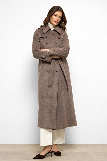 Olcay Double Breasted Long Oversized Coat with Cape Detail Latte 3087