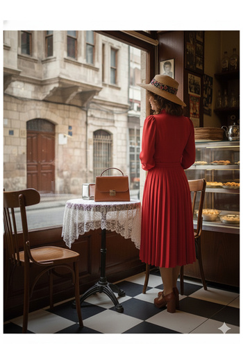Namaste Vintage Kırmızı renk kurdele detaylı pileli özel dikim vintage elbise