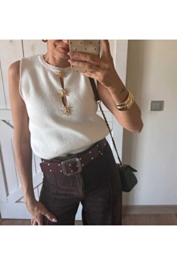 NOTCHTR Women's Ecru Crew Neck Gold Buttoned Knit Sweater