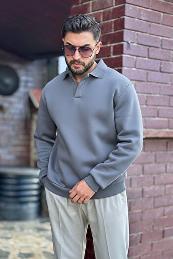 GUARAZ Men's Gray Polo Collar Cotton Soft Thick Fabric Oversize Sweatshirt