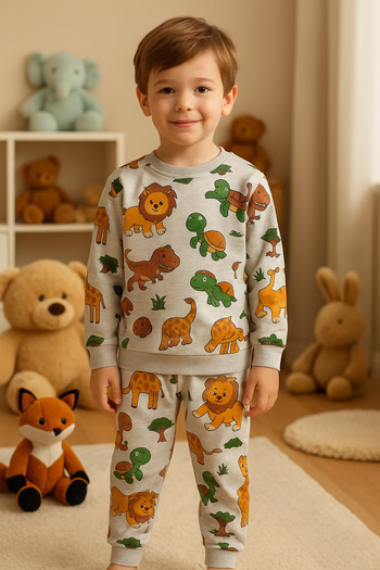 Arya Nisa Kids Set de pijamale de iarnă cu mânecă lungă, cu două fire de bumbac, cu model de leu-dinozaur, gri