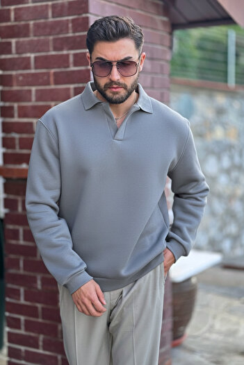 GUARAZ Men's Gray Polo Collar Cotton Soft Thick Fabric Oversize Sweatshirt